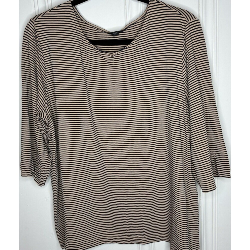 J Jill Womens XL Tan Black Striped Wearever Collection Top Jersey Knit Capsule